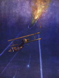 Leutnant William Leefe Robinson greift ein feindliches Luftschiff an und bringt es in Flammen über Cuffley, Hertfordshire, September 1916 zum Absturz